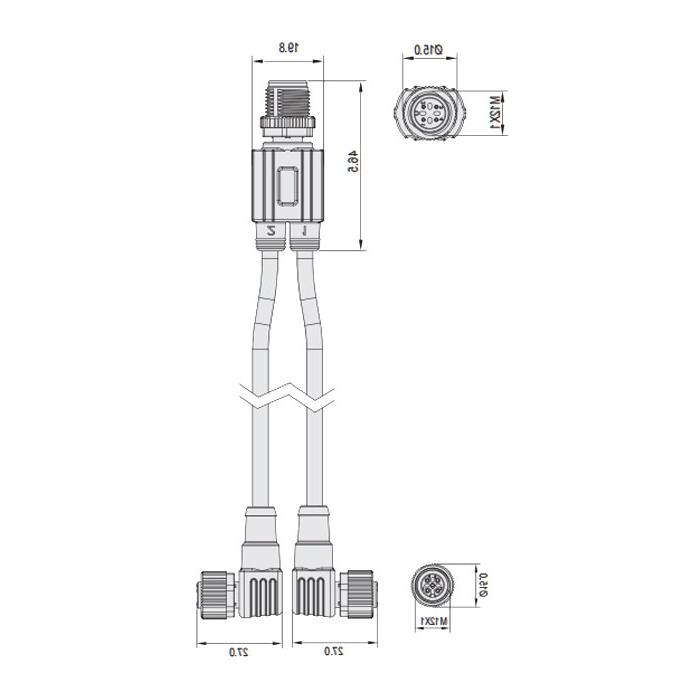 M12 4Pin Male /2M12 3Pin female 90°, IP 69K-ECOLAB, food grade, Y-shape precast PUR flexible cable, black sheath, 64E441-XXX